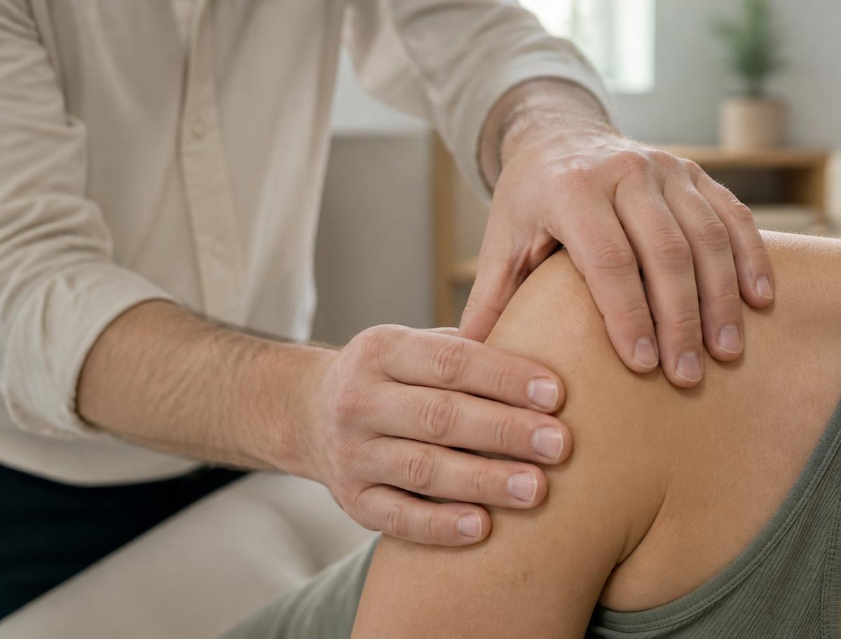 A practitioner performing gentle manual therapy on a patient's shoulder